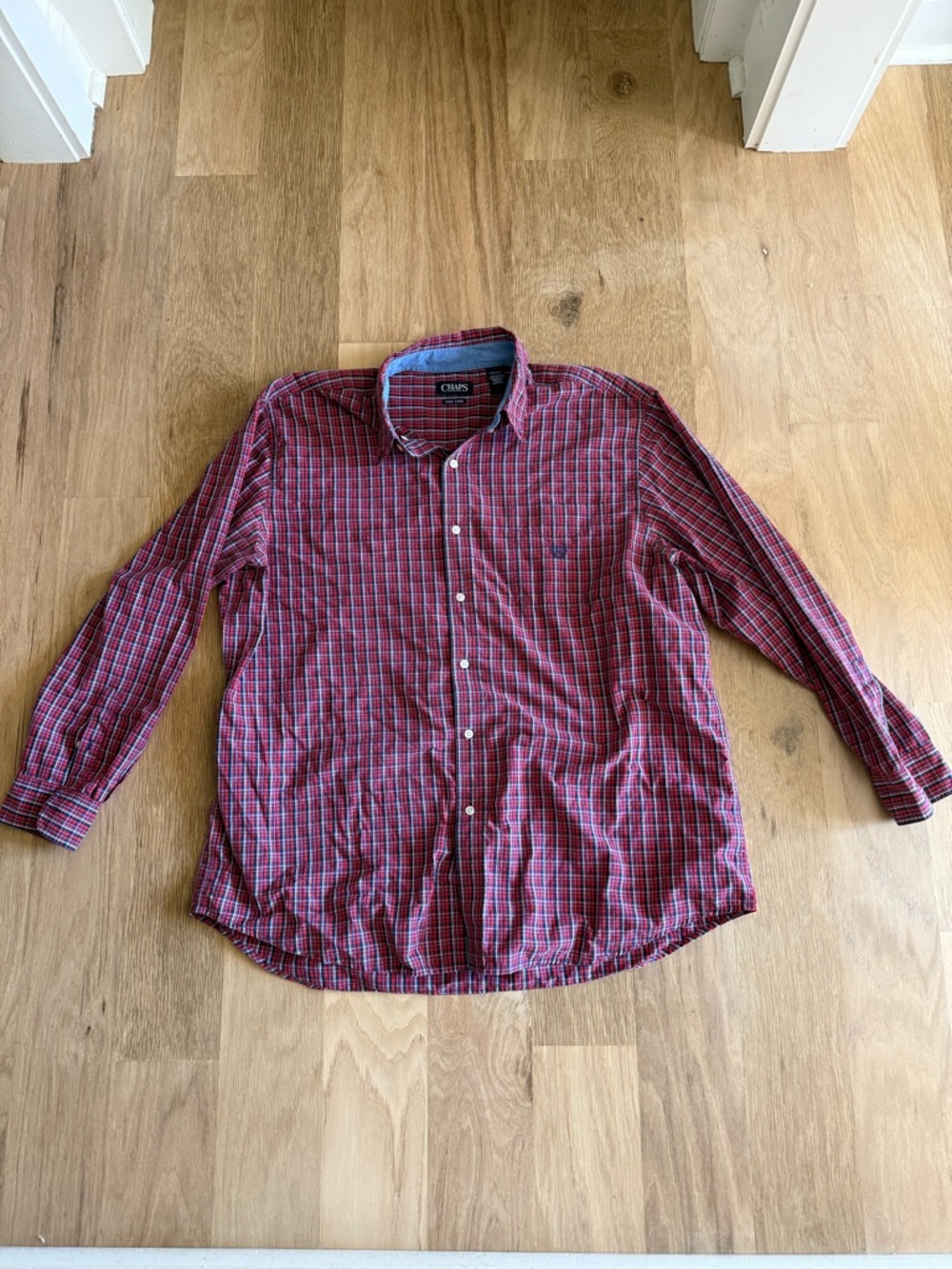Chaps Men's Red Plaid Button-Down Shirt with Blue Accents